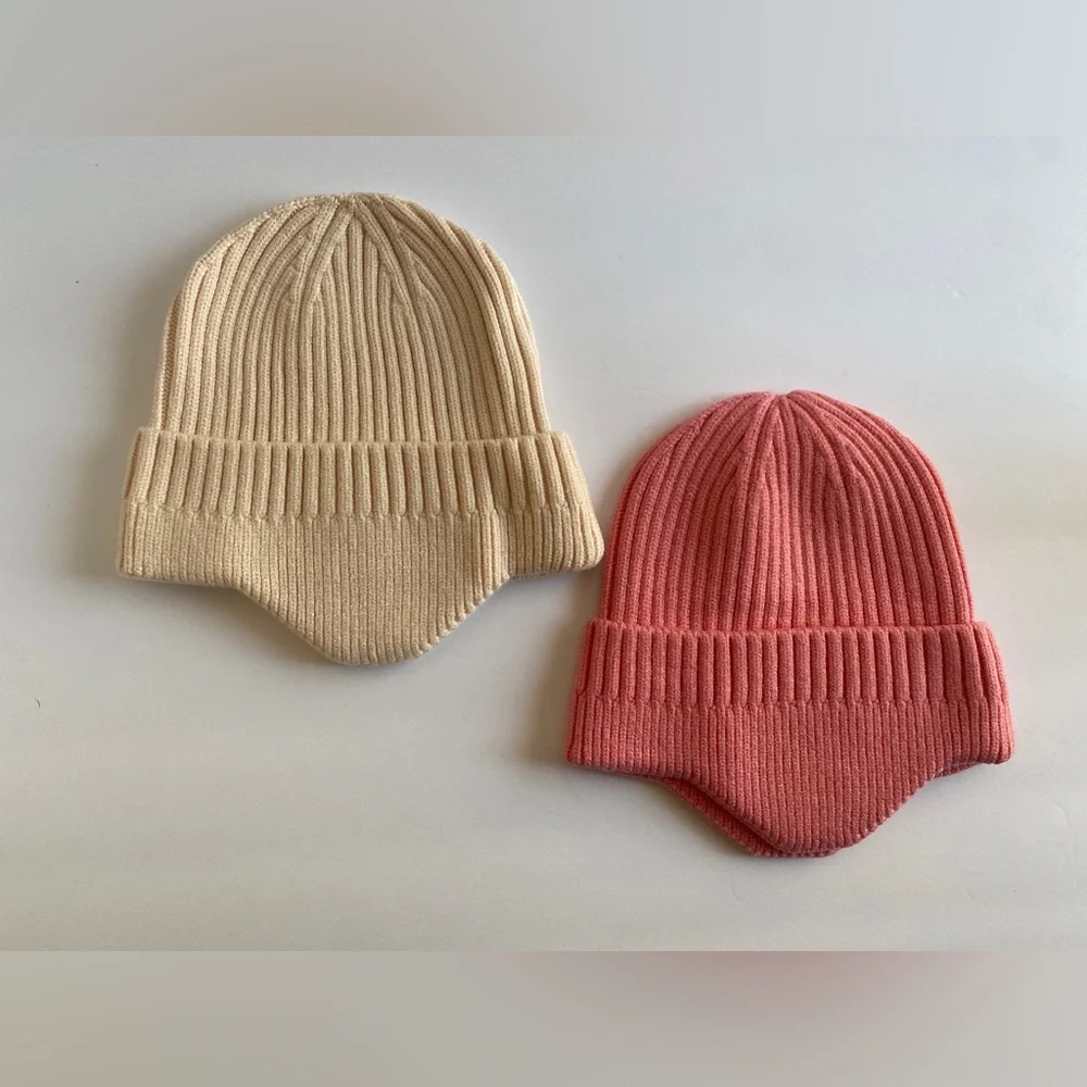 50% Wool 50% Acrylic Ear Covering/Warmer‎ Beanie Hats 2ct Beige & Peach